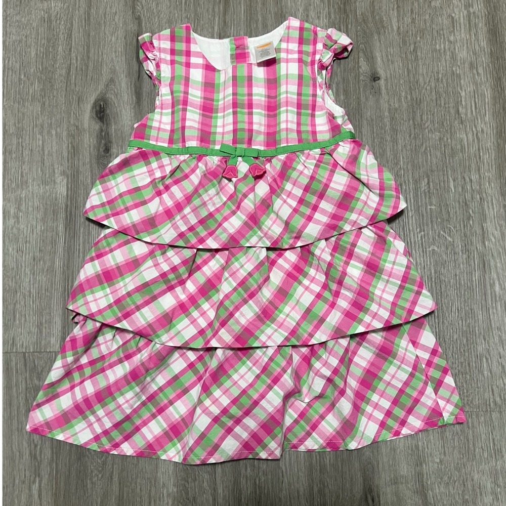 Gymboree Girls Bright‎ Tulip pink and green plaid tiered dress, 100% cotton, 4T